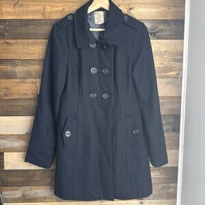 Tulle Women's Navy Pea Coat Wool Blend Lined Pockets Mid-Length Size Medium